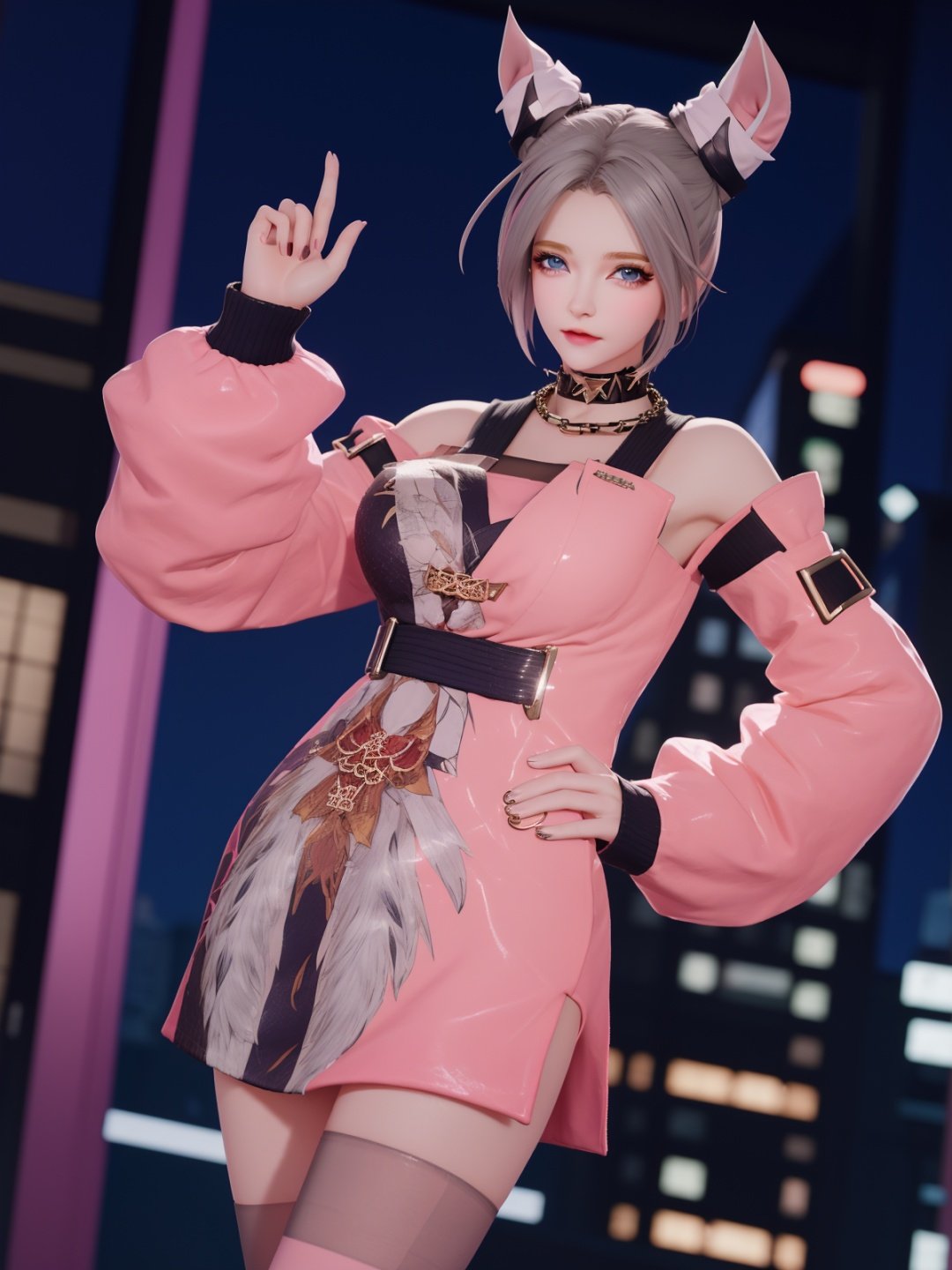 WZRYgongsunliWXXSG, 1girl, solo, blue eyes, looking at viewer, necklace,jewelry, choker, grey hair, short hair, pink dress,cityscape, night, mature female, hand on hip, striped thighhighs, <lora:WZRYgongsunliWXXSGi:0.75>,