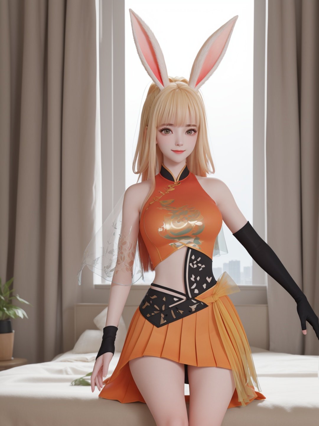 WZRYgongsunliGF,1girl,solo,rabbit ears,see-through,long hair,orange skirt,looking at viewer,black gloves,bangs,pleated skirt,ponytail,blonde hair,cityscape,night,mature female,cowboy shot,puffy sleeves,clothing cutout,  <lora:WZRYgongsunliGFii-000005:0.7>, light smile,sitting, bed, 