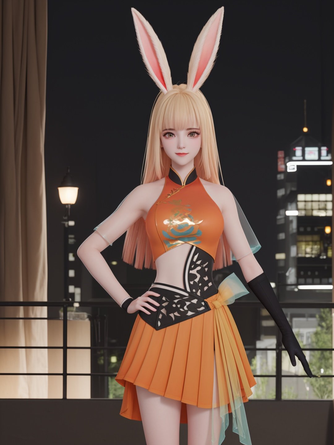 WZRYgongsunliGF,1girl,solo,rabbit ears,see-through,long hair,orange skirt,looking at viewer,black gloves,bangs,pleated skirt,ponytail,blonde hair,cityscape,night,mature female,cowboy shot,puffy sleeves,clothing cutout,  <lora:WZRYgongsunliGFii-000005:0.7>,(hand on hip:1.2), light smile, 