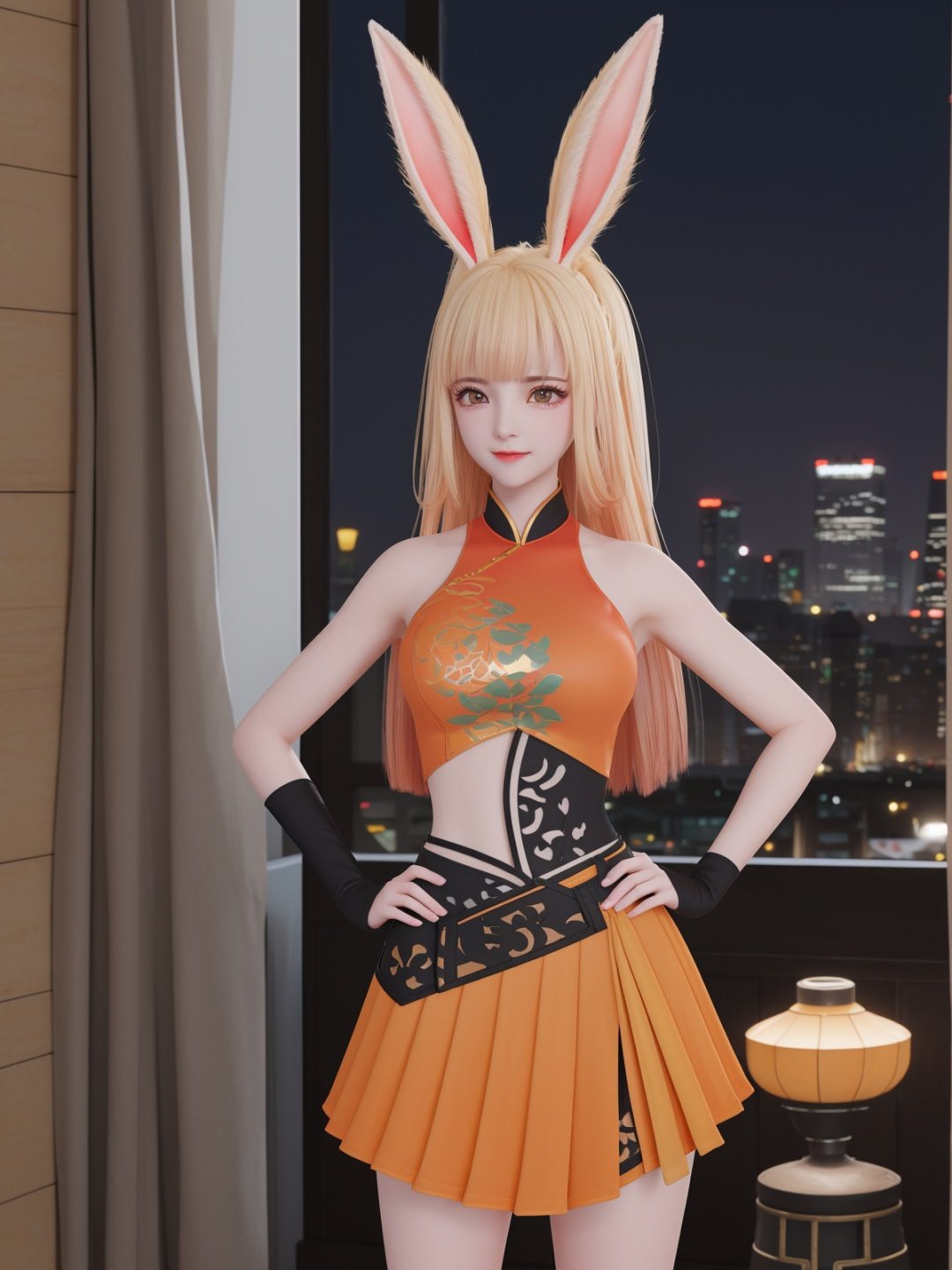 WZRYgongsunliGF,1girl,solo,rabbit ears,see-through,long hair,orange skirt,looking at viewer,black gloves,bangs,pleated skirt,ponytail,blonde hair,cityscape,night,mature female,cowboy shot,puffy sleeves,clothing cutout,  <lora:WZRYgongsunliGFii-000005:0.7>,(hand on hip:1.2), light smile, 