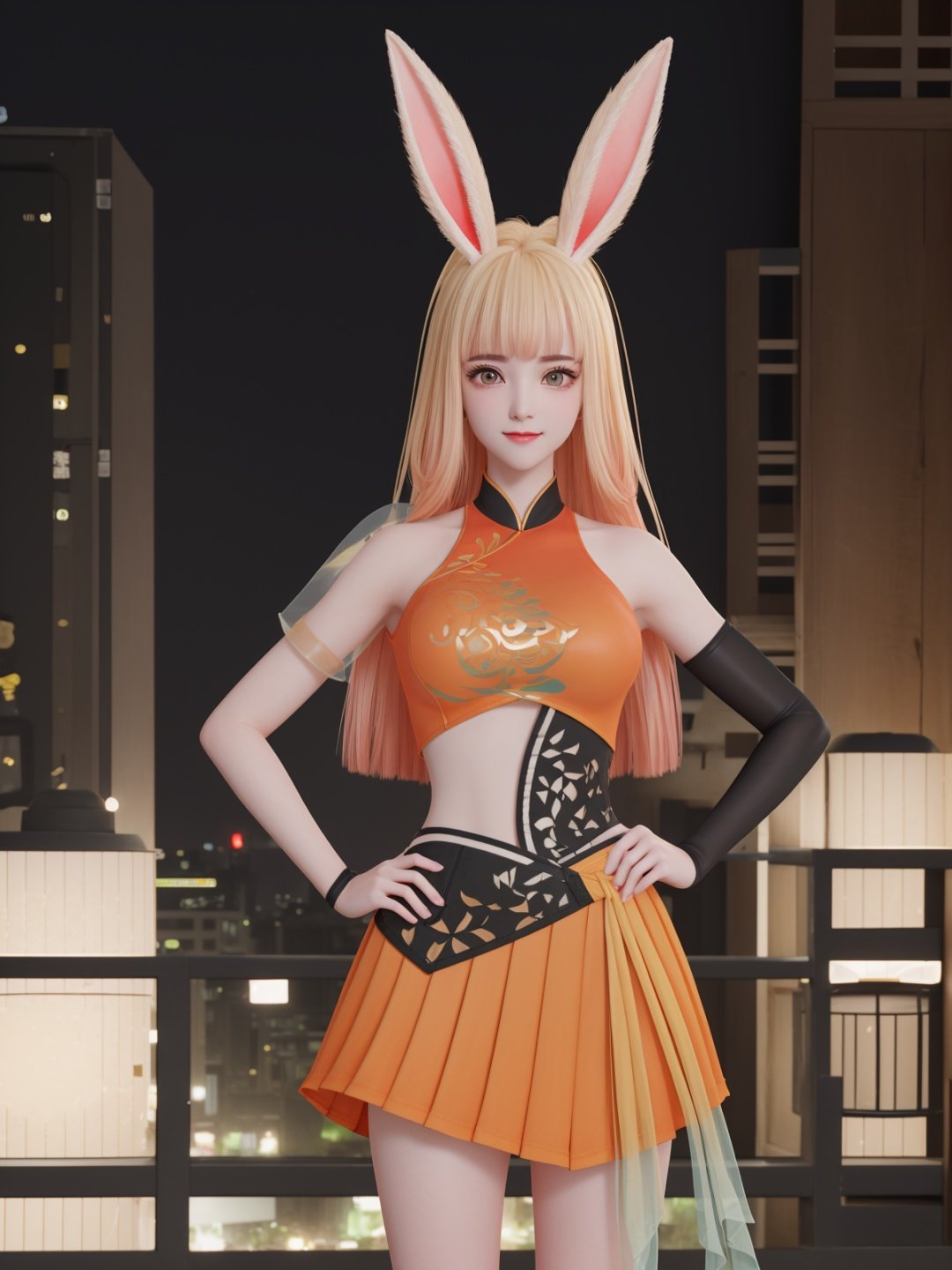 WZRYgongsunliGF,1girl,solo,rabbit ears,see-through,long hair,orange skirt,looking at viewer,black gloves,bangs,pleated skirt,ponytail,blonde hair,cityscape,night,mature female,cowboy shot,puffy sleeves,clothing cutout,  <lora:WZRYgongsunliGFii-000005:0.7>,(hand on hip:1.2), light smile, 