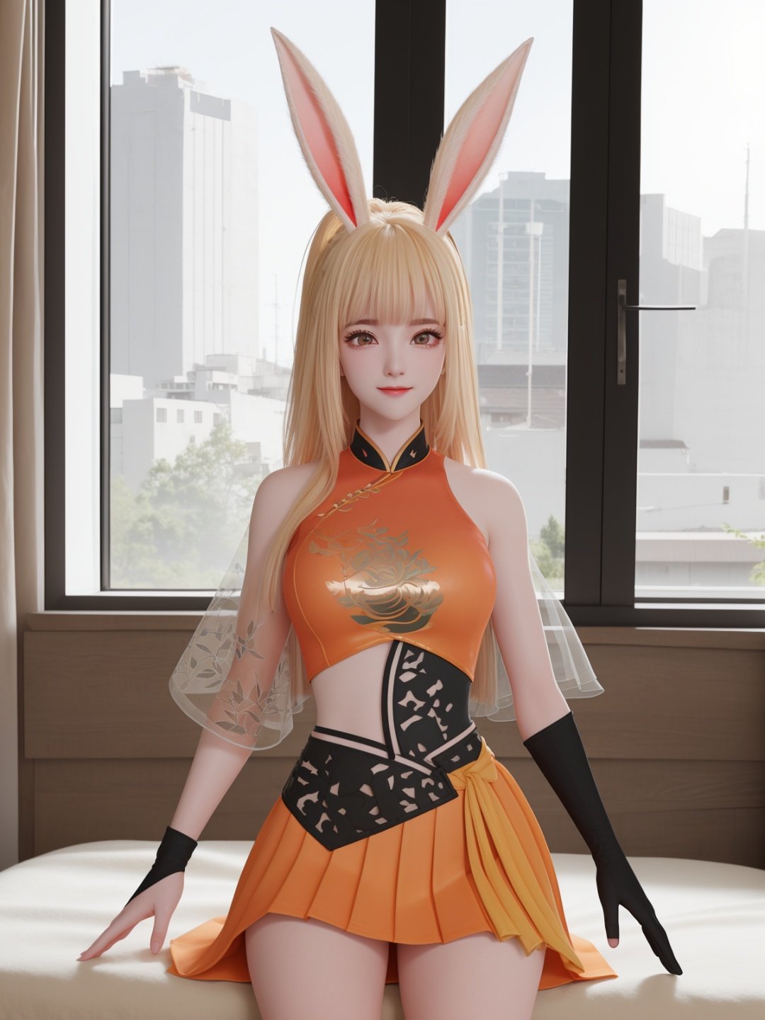 WZRYgongsunliGF,1girl,solo,rabbit ears,see-through,long hair,orange skirt,looking at viewer,black gloves,bangs,pleated skirt,ponytail,blonde hair,cityscape,mature female,cowboy shot,puffy sleeves,clothing cutout,  <lora:WZRYgongsunliGFii-000005:0.7>, light smile,sitting, bed, window, 