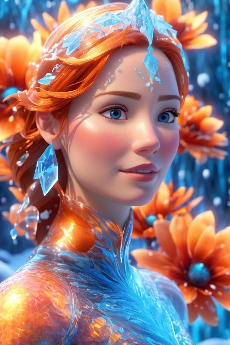 the frozen, woman water body, nature, subsurface scattering, transparent, translucent skin, glow, bloom, Bioluminescent liquid, 3D style, cyborg style, Movie Still, Leonardo Style, warm color, vibrant, volumetric light,3d,3d style