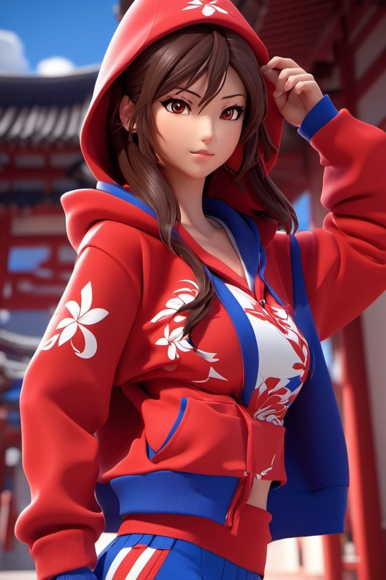 3d,Mai Shiranui,女孩,旗袍, Dream, cute girl on a red and blue hoodie, in the style of yumi, realistic hyper-detailed rendering, yumihiko Amano, zhang jingle, wiccan, trace monotone, RTX on, short neck 