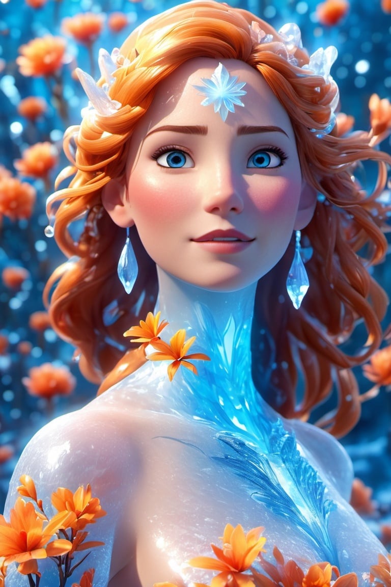 the frozen, woman water body, nature, subsurface scattering, transparent, translucent skin, glow, bloom, Bioluminescent liquid, 3D style, cyborg style, Movie Still, Leonardo Style, warm color, vibrant, volumetric light,3d,3d style