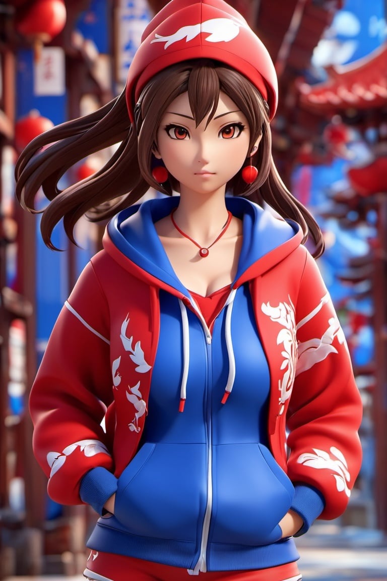 3d,Mai Shiranui,女孩,旗袍, Dream, cute girl on a red and blue hoodie, in the style of yumi, realistic hyper-detailed rendering, yumihiko Amano, zhang jingle, wiccan, trace monotone, RTX on, short neck 