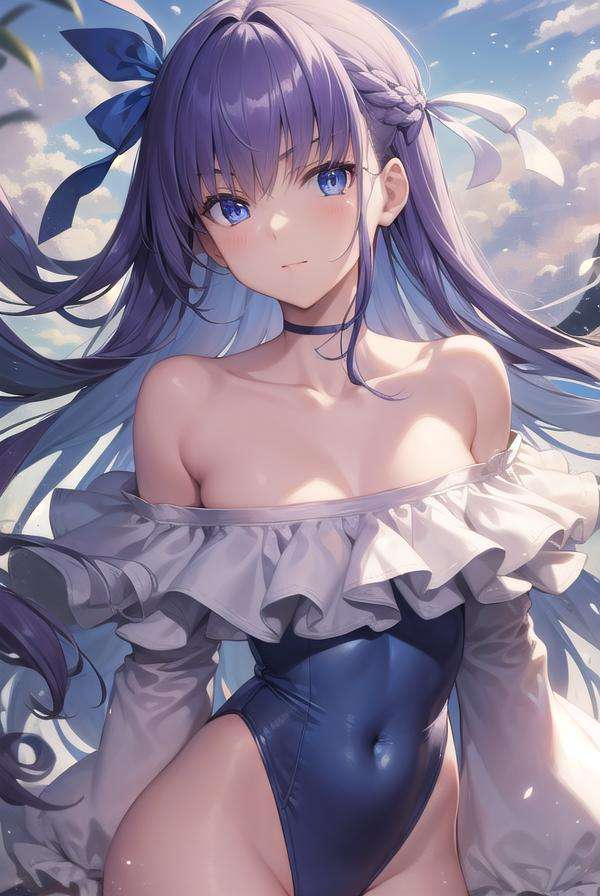 meltryllis, <lora:meltryllis-lora-nochekaiser:1>,meltryllis, blue eyes, blue ribbon, hair ribbon, long hair, purple hair, ribbon, (flat chest:1.2),BREAK bare shoulders, choker, collarbone, frilled one-piece swimsuit, frills, highleg, highleg swimsuit, long sleeves, off shoulder, off-shoulder one-piece swimsuit, one-piece swimsuit, puffy sleeves, sleeves past fingers, sleeves past wrists, swimsuit, white ribbon,BREAK looking at viewer,BREAK outdoors, beach,BREAK <lyco:GoodHands-beta2:1>, (masterpiece:1.2), best quality, high resolution, unity 8k wallpaper, (illustration:0.8), (beautiful detailed eyes:1.6), extremely detailed face, perfect lighting, extremely detailed CG, (perfect hands, perfect anatomy),