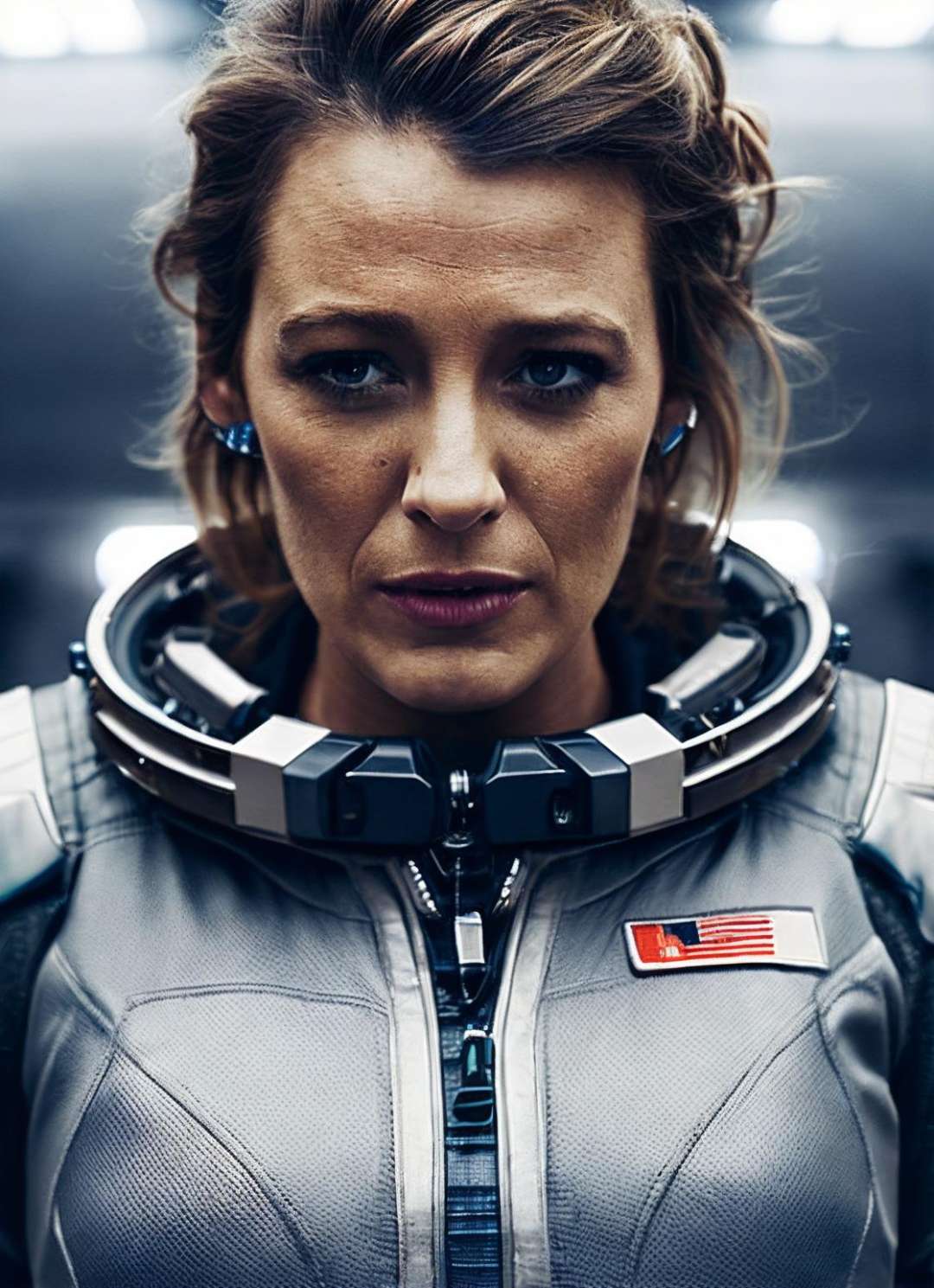 close up photo of sks woman, rugged space trucker, inside industrial spaceship, futuristic science fiction, action scene, digital concept art, realistic, intricate detailed textures, filmic, cinematic, environmental character portrait, <lora:locon_blake_v1_from_v1_64_32:1.25>