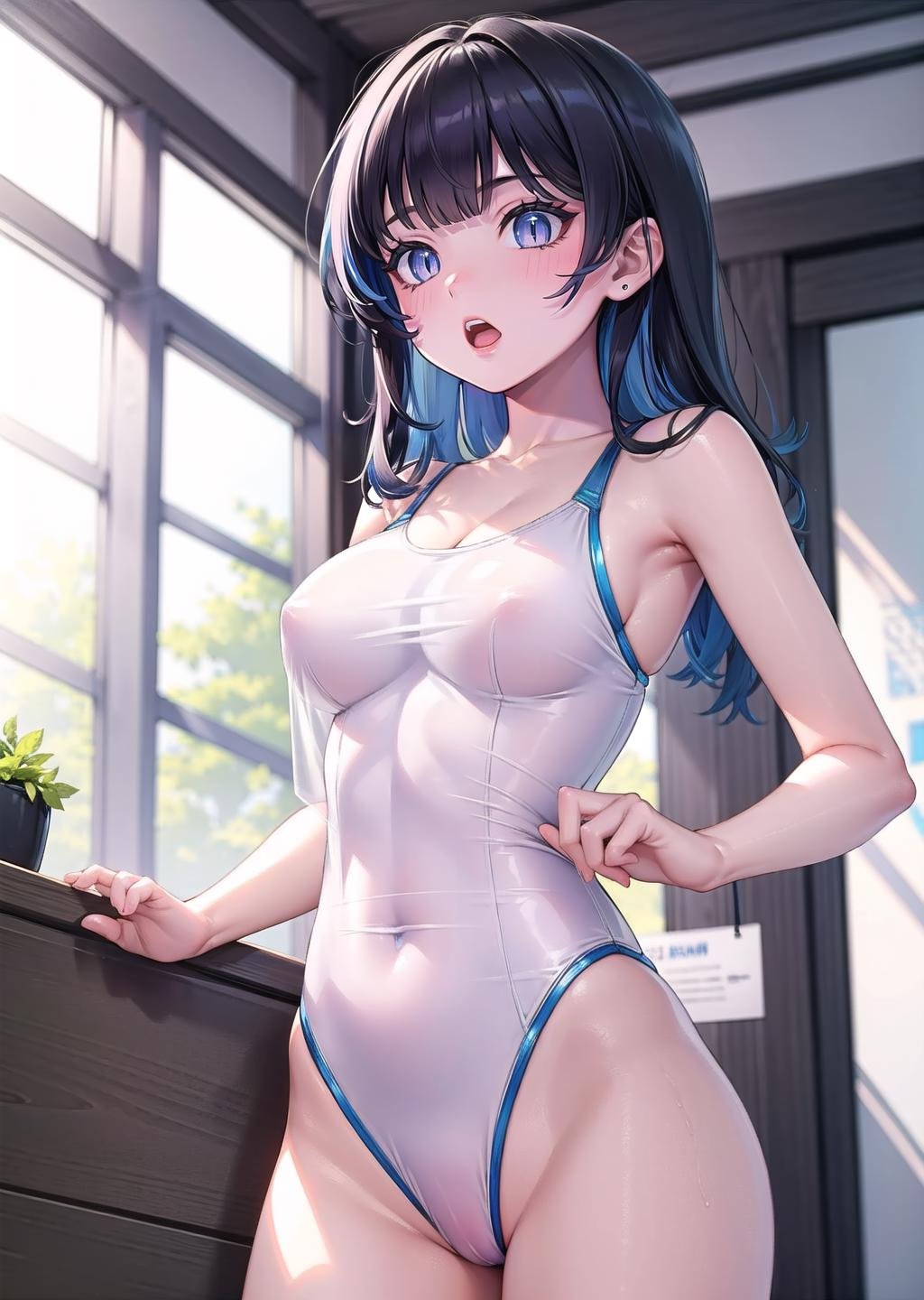 (1girl, blue eyes, snake eyes,  <lora:slit-pupils:1>, open mouth) (digital) (  in detailed museum (see-through, swimsuit)) , best quality, <lora:boldline:0.2>,  <lora:hairdetailer:0.2> clearswimsuit, <lora:clearswimsuit:1>