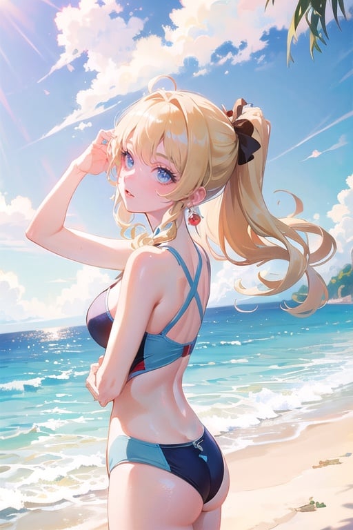 1 ((mature)) woman,athlete,high quality, masterpiece, 1girl, beautiful, cute face, very long hair, ((beautiful sky,detailed water,light color swimsuit)),blond_hair,wavy_hair,eyeshadow, ,Navia \(genshin impact\),backlight,hands down,summer,outdoor,best light,best shadow,illustration,cg,(((masterpiece))), ((extremely detailed CG unity 8k wallpaper)), best quality, high resolution illustration, Amazing, highres, intricate detail, (best illumination, best shadow, an extremely delicate and beautiful),((looking at viewer)),((close up,portrait))