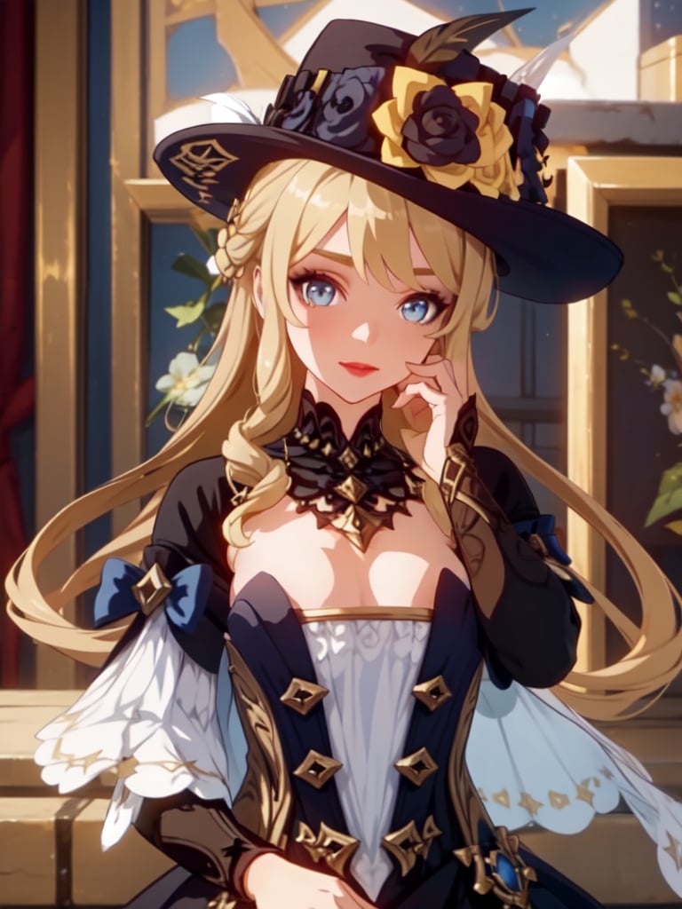 masterpiece, best quality, Navia \(genshin impact\), 1girl, hat, blue eyes, long hair, solo, dress, looking at viewer, blonde hair, witch hat, bangs,blue jewel headdress on the left, flower, drill hair, smile, hat flower, gold rudder shape decoration at the waist, dark red lipstick and eyeshadow,four-pointed star in eye ,long dress , hat feather