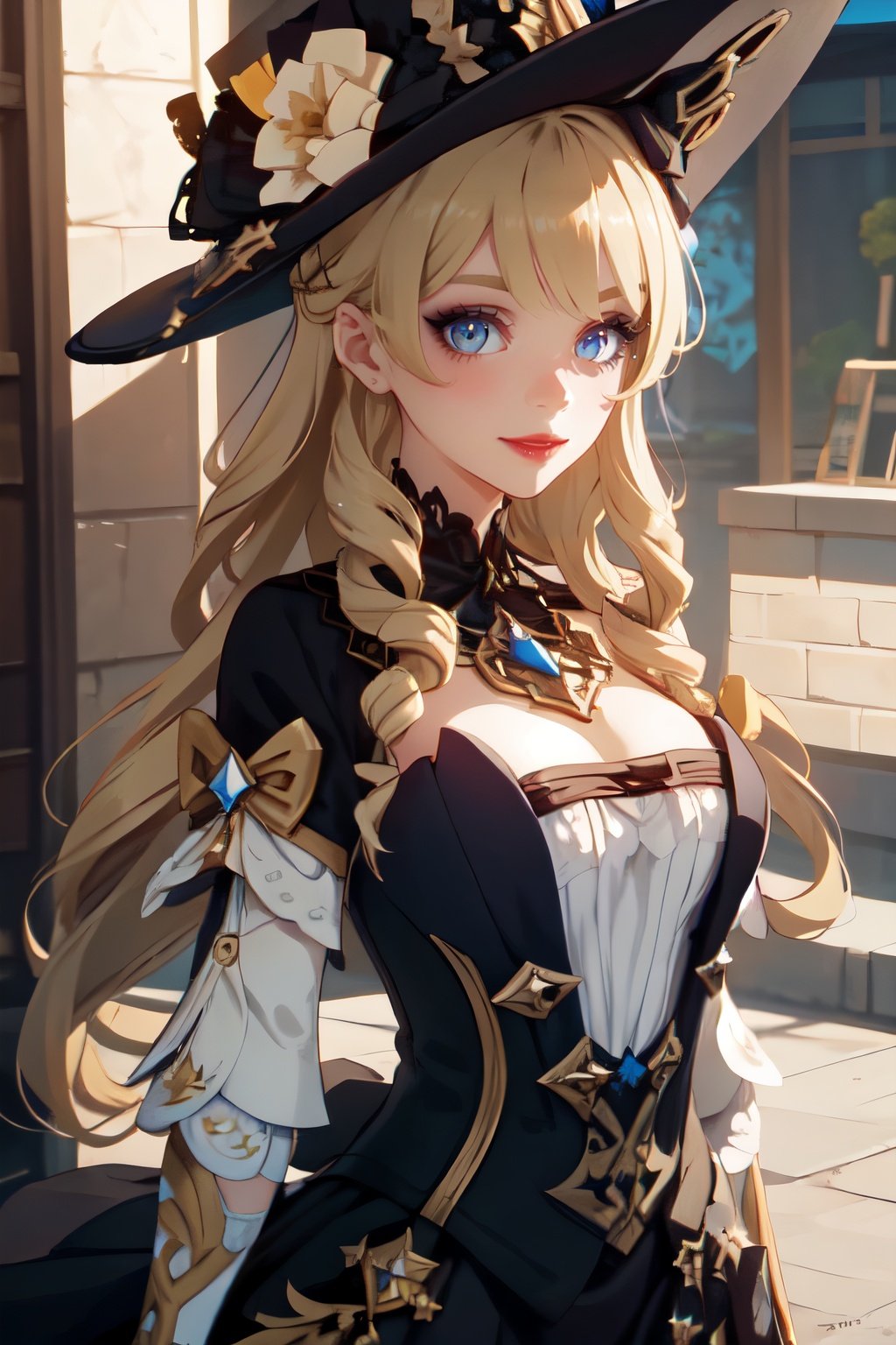 masterpiece, best quality, Navia \(genshin impact\), 1girl, hat, blue eyes, long hair, solo, dress, looking at viewer, blonde hair, witch hat, bangs, flower, drill hair, smile, hat flower, gold rudder shape decoration at the waist, dark red lipstick and eyeshadow,four-pointed star in eye 