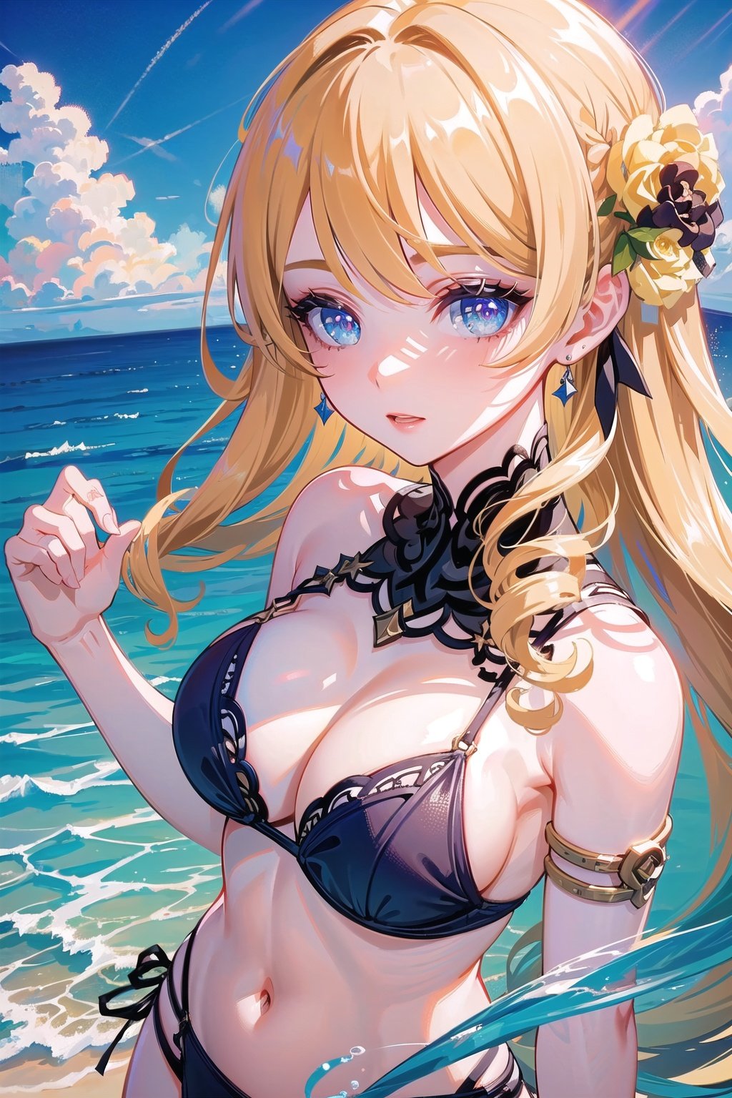 1 ((mature)) woman,athlete,high quality, masterpiece, 1girl, beautiful, cute face, very long hair, ((from top,cleavage,beautiful sky,detailed water,light color bikini,swimsuit)),blond_hair,wavy_hair,eyeshadow, ,Navia \(genshin impact\),backlight,hands down,summer,outdoor,best light,best shadow,illustration,cg,(((masterpiece))), ((extremely detailed CG unity 8k wallpaper)), best quality, high resolution illustration, Amazing, highres, intricate detail, (best illumination, best shadow, an extremely delicate and beautiful),((looking at viewer)),((close up,portrait))