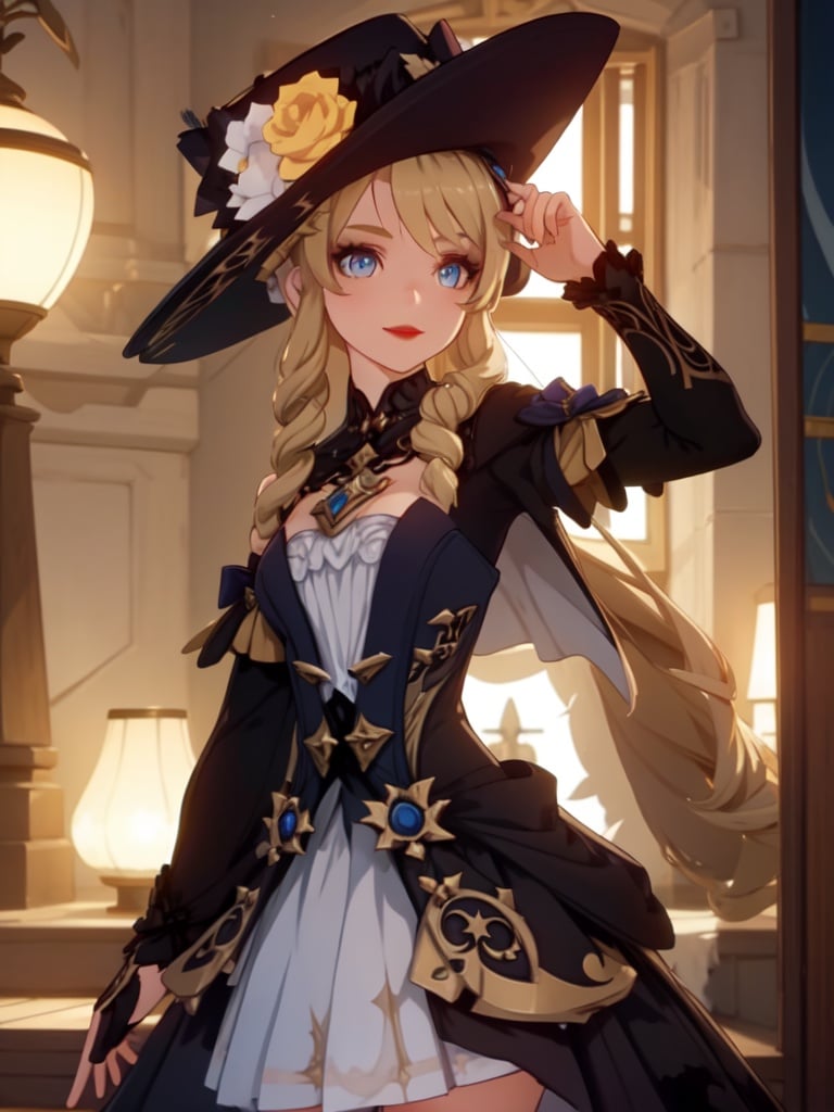 masterpiece, best quality, Navia \(genshin impact\), 1girl, hat, blue eyes, long hair, solo, dress, looking at viewer, blonde hair, witch hat, bangs, flower, drill hair, smile, hat flower, gold rudder shape decoration at the waist, dark red lipstick and eyeshadow,four-pointed star in eye ,long dress , hat feather