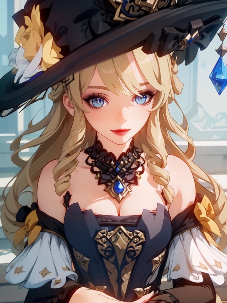 masterpiece, best quality,best shadow,close up, portriat, sad, Navia \(genshin impact\), 1 mature woman, hat, blue eyes, long hair, solo, dress, looking at viewer,blonde hair, hand on chest, witch hat, bangs, flower, drill hair, smile,hat feather, hat flower,embroided,Sapphire, gold rudder shape decoration at the waist, blue jewel headdress on the left, dark red lipstick and eyeshadow,four-pointed star in eye ,qzfuling,backlight,crystaleyes,90s,soft