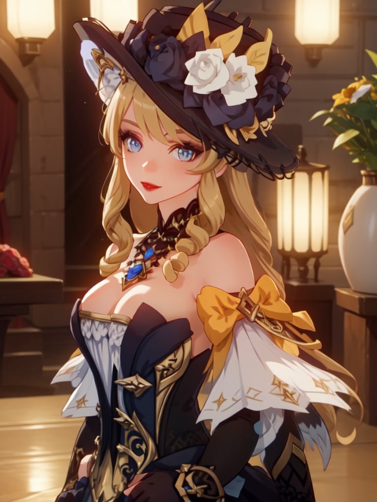 masterpiece, best quality, Navia \(genshin impact\), 1girl, hat, blue eyes, long hair, solo, dress, looking at viewer, blonde hair, witch hat, bangs,blue jewel headdress on the left, flower, drill hair, smile, hat flower, gold rudder shape decoration at the waist, dark red lipstick and eyeshadow,four-pointed star in eye ,long dress , hat feather