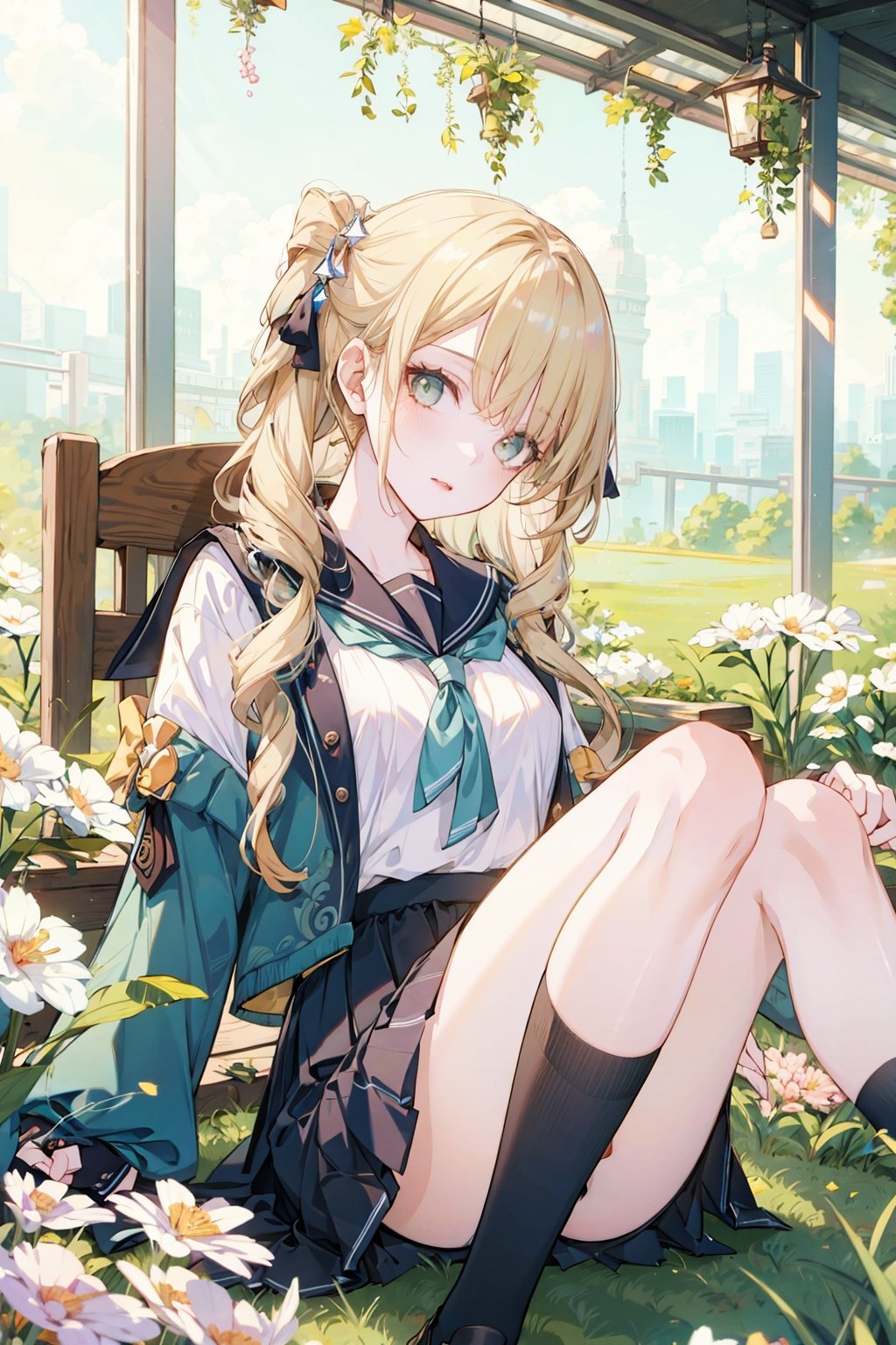 1 mature woman,athlete,high quality, masterpiece, 1girl, beautiful, cute face, very long hair, ((school uniform,sefuku)),blond_hair,wavy_hair,eyeshadow, ,Navia \(genshin impact\),backlight,hands down,grass,best light,best shadow,illustration,cg,(((masterpiece))), ((extremely detailed CG unity 8k wallpaper)), best quality, high resolution illustration, Amazing, highres, intricate detail, (best illumination, best shadow, an extremely delicate and beautiful),Sailor suit