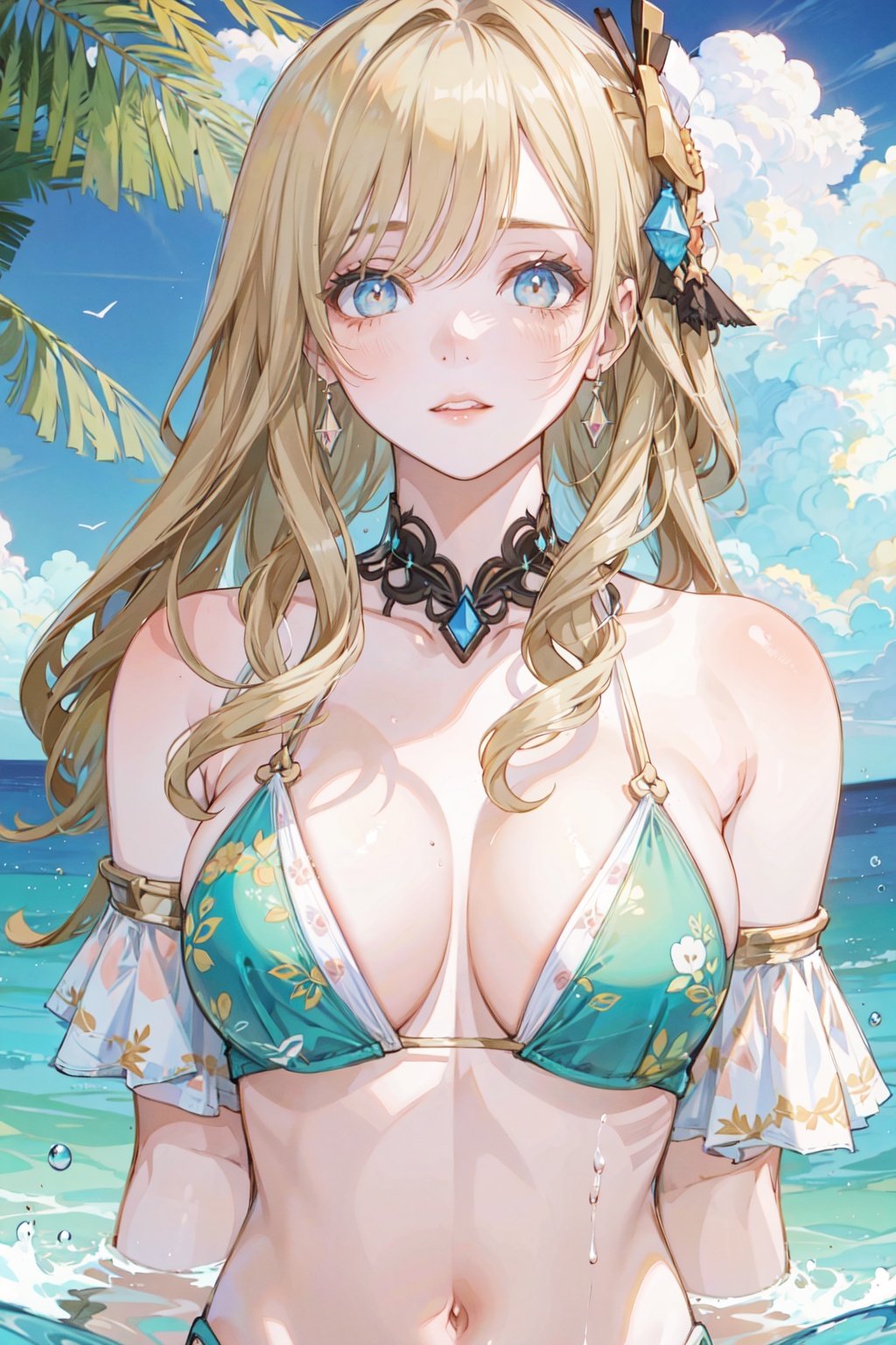 1 ((mature)) woman,athlete,high quality, masterpiece, 1girl, beautiful, cute face, very long hair, ((from top,cleavage,beautiful sky,detailed water,light color bikini,swimsuit)),blond_hair,wavy_hair,eyeshadow, ,Navia \(genshin impact\),backlight,hands down,summer,outdoor,best light,best shadow,illustration,cg,(((masterpiece))), ((extremely detailed CG unity 8k wallpaper)), best quality, high resolution illustration, Amazing, highres, intricate detail, (best illumination, best shadow, an extremely delicate and beautiful),((looking at viewer)),