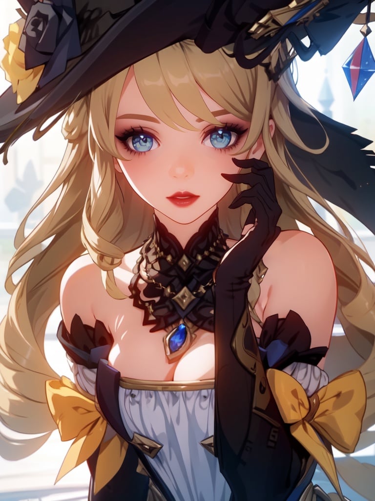 masterpiece, best quality,best shadow,close up, portriat, sad, Navia \(genshin impact\), 1 mature woman, hat, blue eyes, long hair, solo, dress, looking at viewer,blonde hair, hand on chest, witch hat, bangs, flower, drill hair, smile,hat feather, hat flower,embroided,Sapphire, gold rudder shape decoration at the waist, blue jewel headdress on the left, dark red lipstick and eyeshadow,four-pointed star in eye ,qzfuling,backlight,crystaleyes,90s,soft