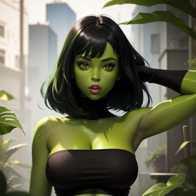 1 girl, green skin:2 , black hair:1.85,black tube top:1.5, bare shoulders, bare hands, bare arms