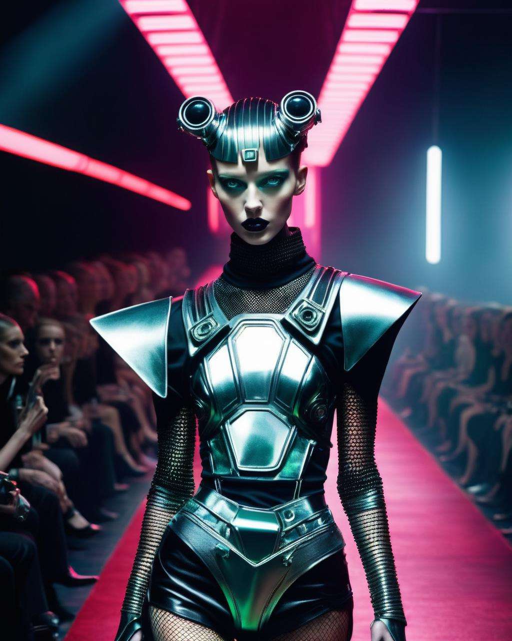 a weird fashion runway inspired by 90s cyberpunk , by Juli Grbac , by Kermit Tesoro , by Leona Edmiston ,  cinematic, detailed face, perfect photography<lora:weird_runway:1.0>