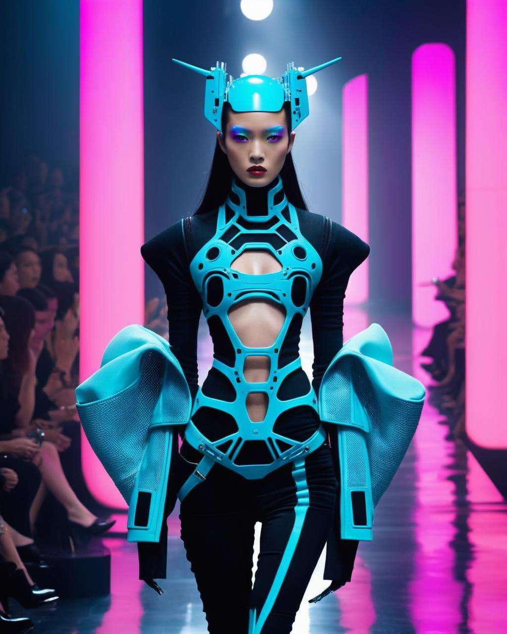 a weird fashion runway inspired by 90s cyberpunk , by P-S , by Young-mi Woo , by Monique Lhuillier ,  cinematic, detailed face, perfect photography<lora:weird_runway:1.0>