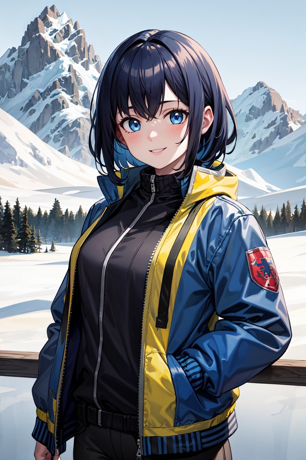 masterpiece, best quality, ultra-detailed, HDR, absudres:1.3,

1girl, blue jacket, dark blue hair, light_blue_eyes, sweet smile,

Mountains, tundra, pale sky