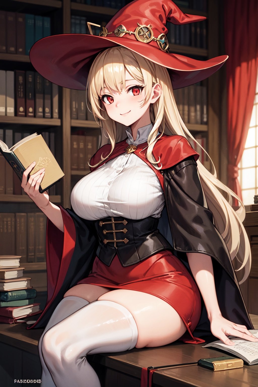 masterpiece, best quality, ultra-detailed, HDR, absudres:1.3, illustration, 2d,

A girl in the library holding a book, sitting, blonde hair, medieval outfit, red_witch_hat, sweet smile, large breasts, curvy, red_eyes