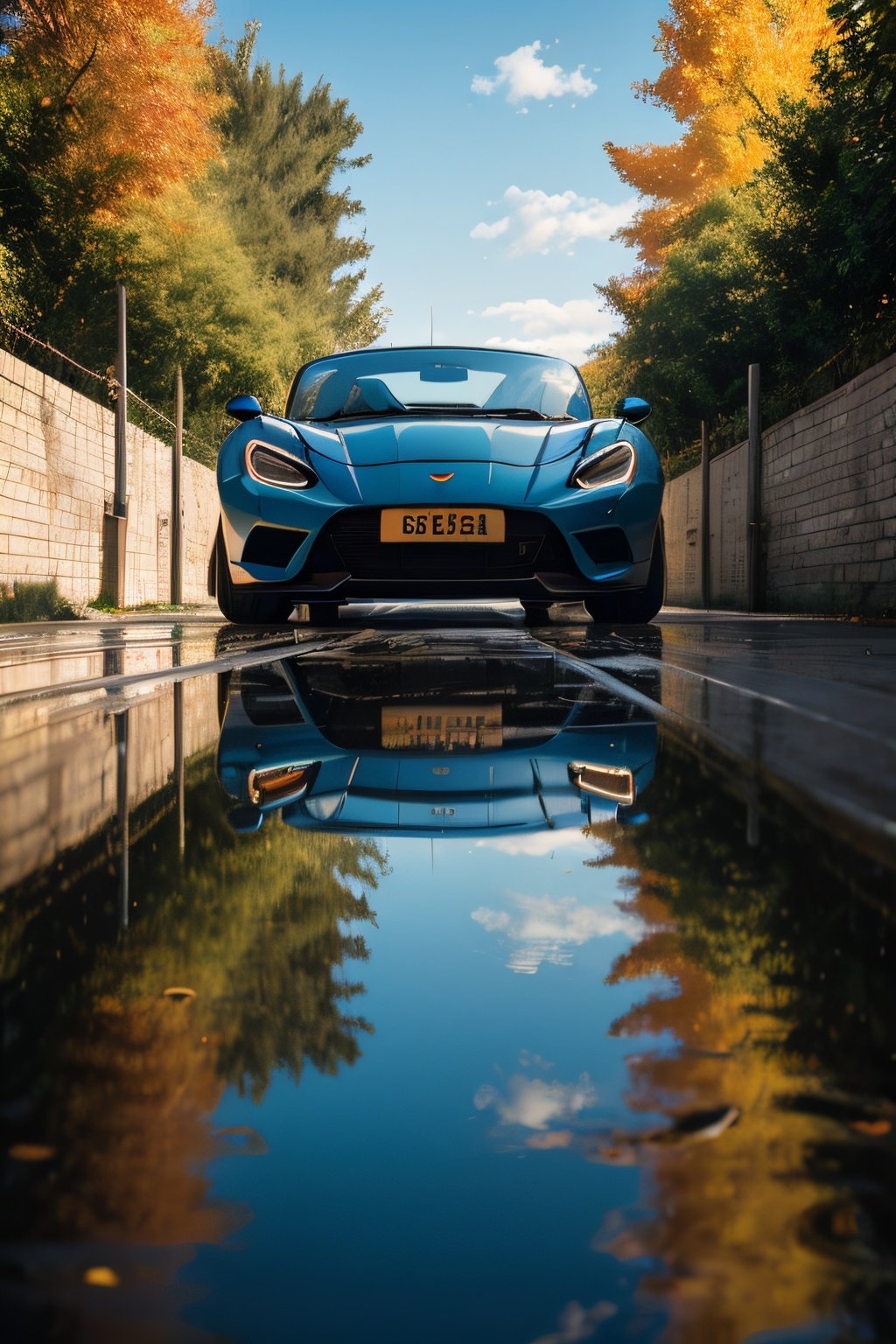 masterpiece,photo of landscape, sunny weather,(sports car,color {blue and red incandescent}), 8k,hdr, high quality, film grain,reflection masterpiece, vivid colours , weather ,puddles