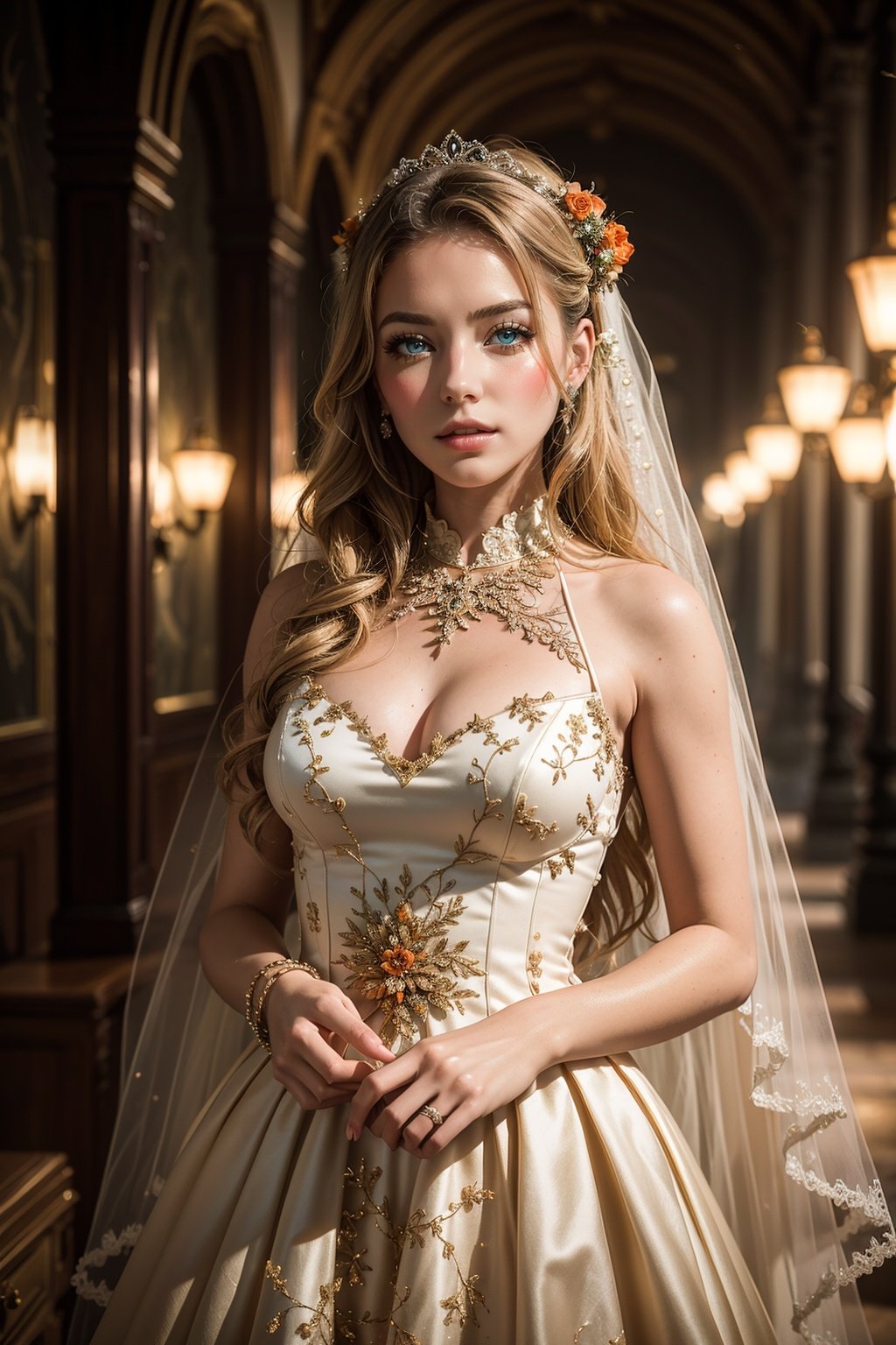 Story, sparkling beautiful eyes, blonde hair, bride posing under a fairy tale, elaborate scene style, glitter, orange, realistic style, 8k,exposure blend, medium shot, bokeh, (hdr:1.4), high contrast, (cinematic, dark orange and white film), (muted colors, dim colors, soothing tones:1.3), low saturation, (hyperdetailed:1.2), (noir:0.4),1 girl, 3d render, cgi, symetrical, octane render, 35mm, bokeh, (intricate details:1.12), hdr, (intricate details, hyperdetailed:1.15)