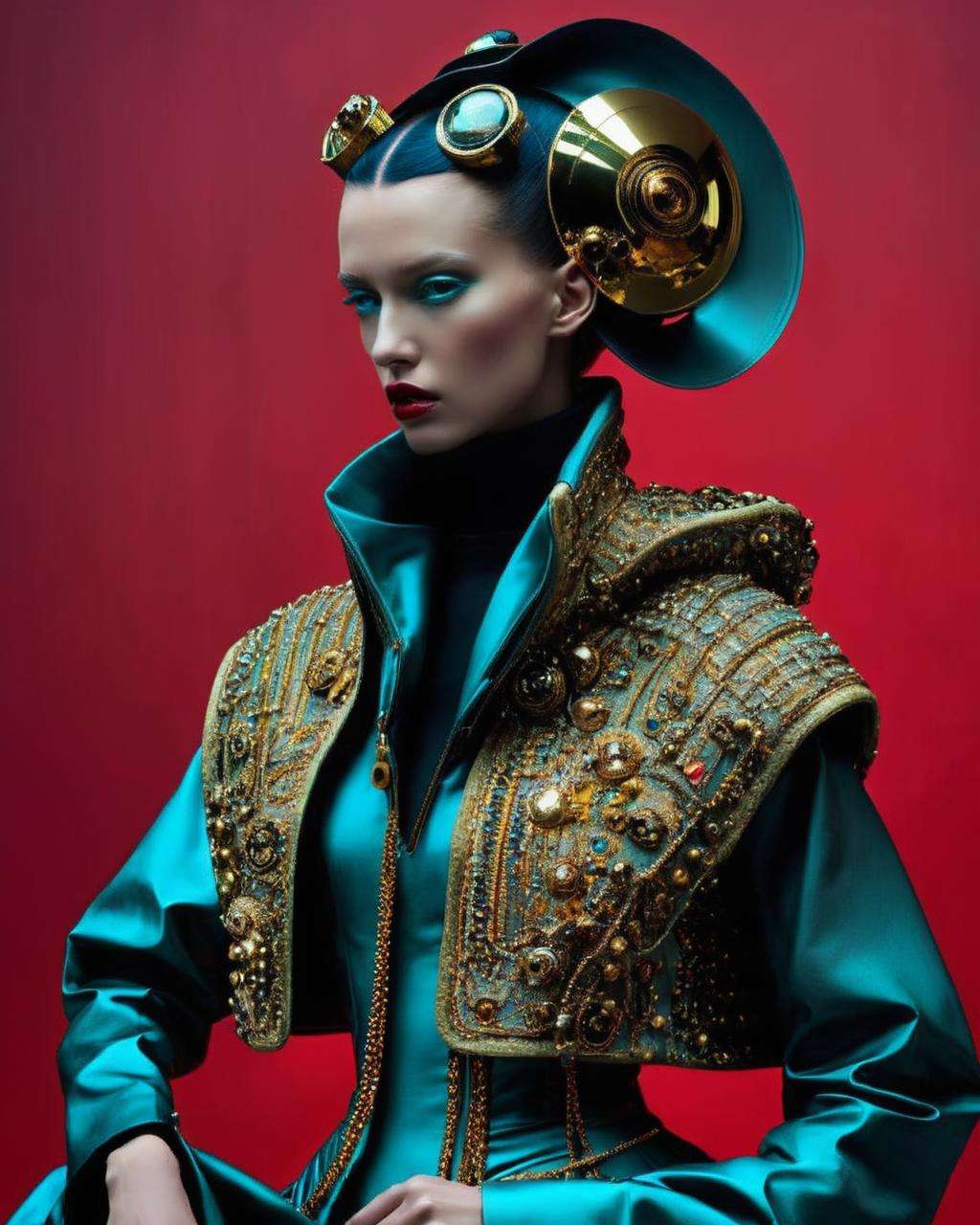 weird fashion, fashion photography , inspired by classical paintings and cyberpunk<lora:weird_fashion:1.0>