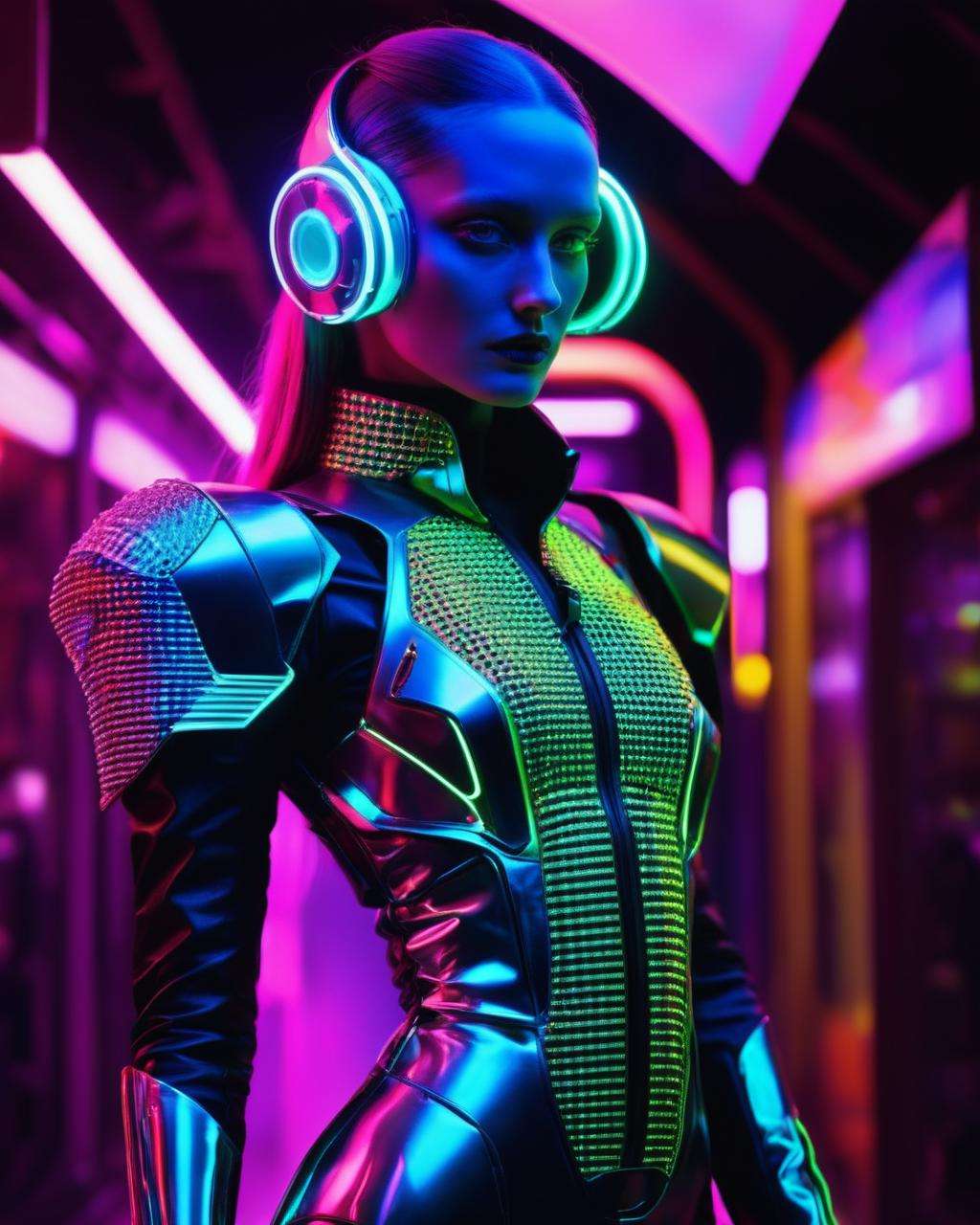 weird fashion, by Rebecca Stirm, by Jeff Garner, by Sighsten Herrgård , fashion photography , Neon-lit , Retro future , Android troubadour , Reality glitch , Chaotic , Dimensional rift , Nanotech marvel , Cyborg symbiosis ,<lora:weird_fashion:1.0>