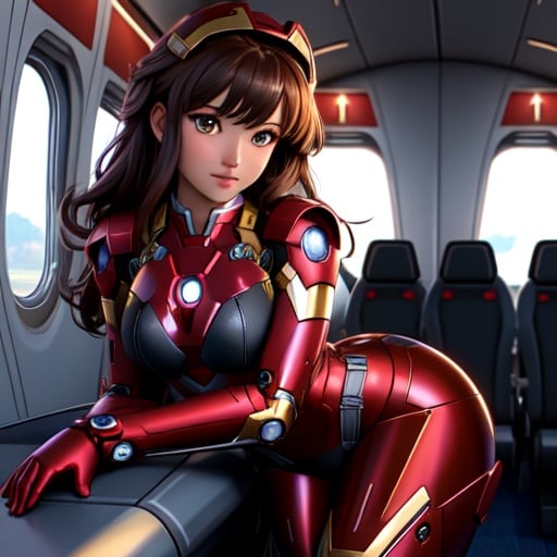 (best quality: 1.2), (masterpiece: 1.2), (realistic: 1.2), 3D character, A woman, maid suit + iron man suit, black suit with gold parts, extremely tight and tight on the body, helmet on the head, hair with bangs in front of the eyes, looking at the spectator, (erotic pose interacting and leaning [on an object|on something in the environment]: 1.3),  on a plane in the passenger area, with chairs, machinery, window, cabins, on eye level, scenic, masterpiece