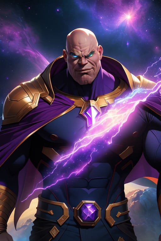 (best quality: 1.2), (masterpiece: 1.2), (realistic: 1.2), stunning angry Thanos, bald, purple cape, nebula space background, volumetric light, upper body, muscle, muscular, fantasy, dynamic angle, dynamic pose, masterpiece