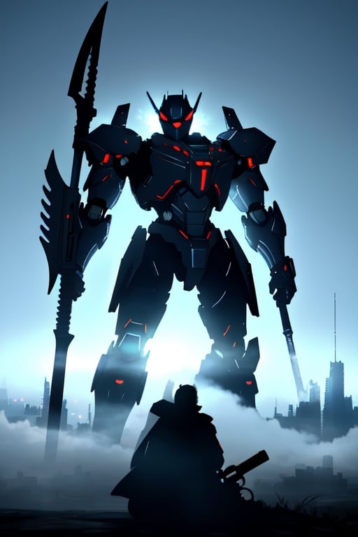 (best quality: 1.2), (masterpiece: 1.2), (realistic: 1.2), (detailed), Spiderman,mecha robo soldier character,(Action Pose: 1.4), god of death, wielding a large scythe, highly detailed soldier armor and weapons, soul warden, in ruined future city, horror, with eerie white light penetrating and gradient shadows, (magic mysterious background, glowing particles, ethereal fog, faint darkness), adds depth to images with backlight effect, cyborg style, android, (masterpiece: 1.2), absurdres, HDR