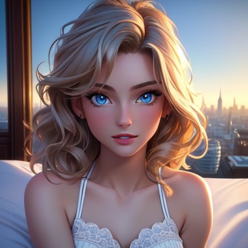 (best quality: 1.2), (masterpiece: 1.2), (realistic: 1.2), 1girl, Sexy (gorgeous Caucasian Lady:1.3), (detailed face:1.2), (detailed blue eyes:1), (perfect eyes), (skinny, thin, slender:1.1), (fit body:1.1), perfect teeth, calm, london in the background, messy hair, braless, on bed, on eye level, scenic, masterpiece