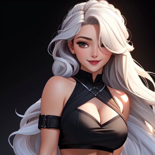 (best quality: 1.2), (masterpiece: 1.2), (realistic: 1.2), 1girl, bare shoulders, black background, black eyes, black lips, braid, breasts, crop top, hair over one eye, deep cleavage, white long hair,  simple background, smile, on eye level, scenic, masterpiece