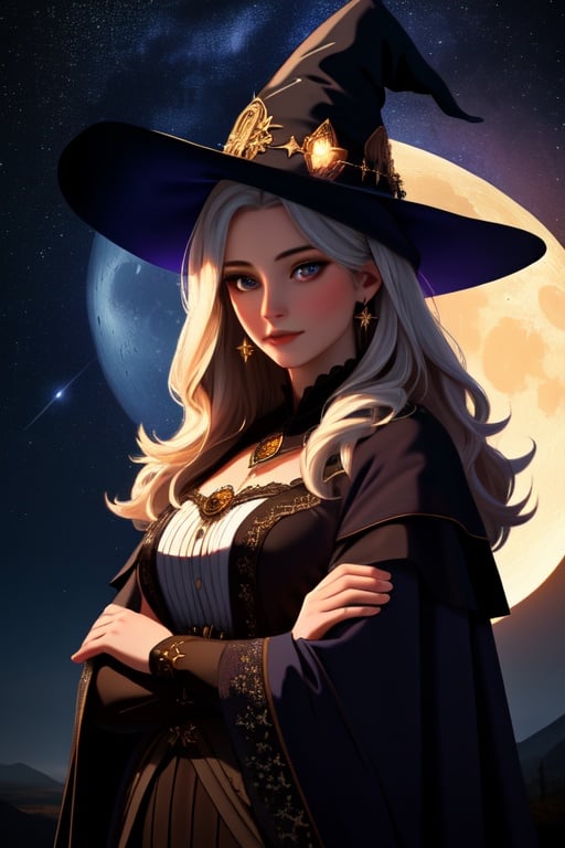 (best quality: 1.2), (masterpiece: 1.2), (realistic: 1.2), (detailed), a beautiful woman as a witch, with mystical how in her arms, moon and stars, (masterpiece: 1.2), absurdres, HDR