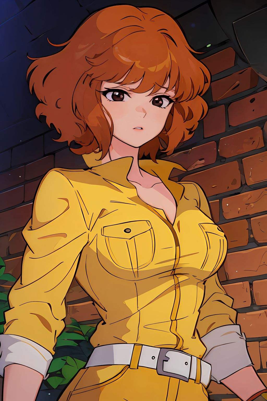 absurdres, april o'neil, 1girl, short brown hair, black eyes, upper body, yellow jumpsuit, sleeves rolled up, white belt <lora:April O'Neil_v1:1>