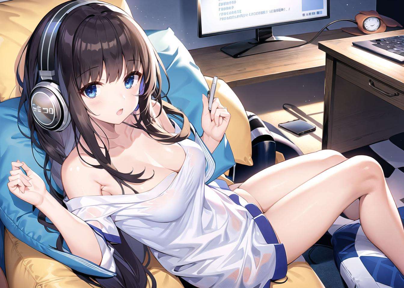 <lora:long_Island_v1.0:0.8>,long_island\(azur lane\),long_hair,blue_eyes,black hair, headphones,off-shoulder_shirt,bare shoulders,blush,lying,couch,sitting, looking back, perspective,from above,  cropped legs,, masterpiece, best quality, extremely detailed face, sharp details, high contrast,