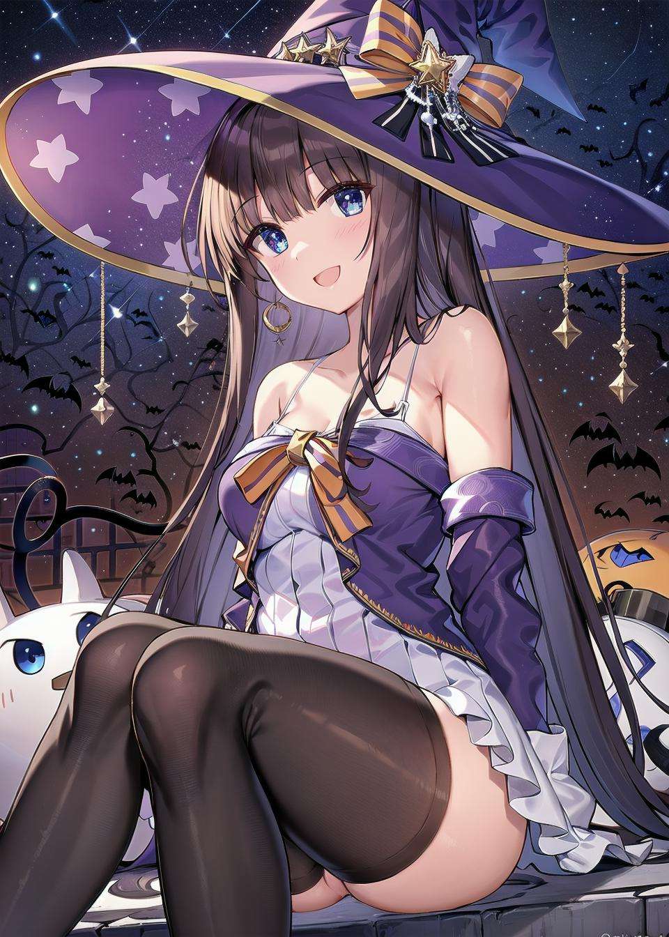 <lora:long_Island_v1.0:0.8>,long_island\(azur lane\),long_hair,blue_eyes,black hair, halloween_costume,black_legwear,witch_hat,white skirt,night, night sky, rooftop, sky, skyscraper, smile, solo, stage, star sky, starry sky, masterpiece, best quality, extremely detailed face, sharp details, high contrast,