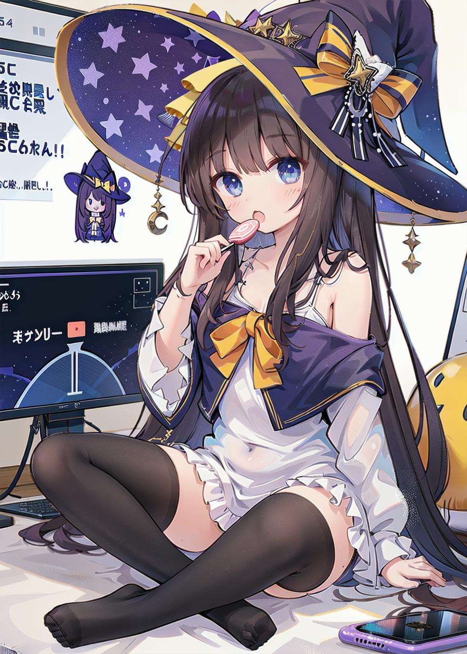 <lora:long_Island_v1.0:0.8>,long_island\(azur lane\),long_hair,blue_eyes,black hair,witch_hat, 1girl, halloween_costume, black_legwear, monitor, sitting, bare_shoulders, food_in_mouth, lollipop,, masterpiece, best quality, extremely detailed face, sharp details, high contrast,