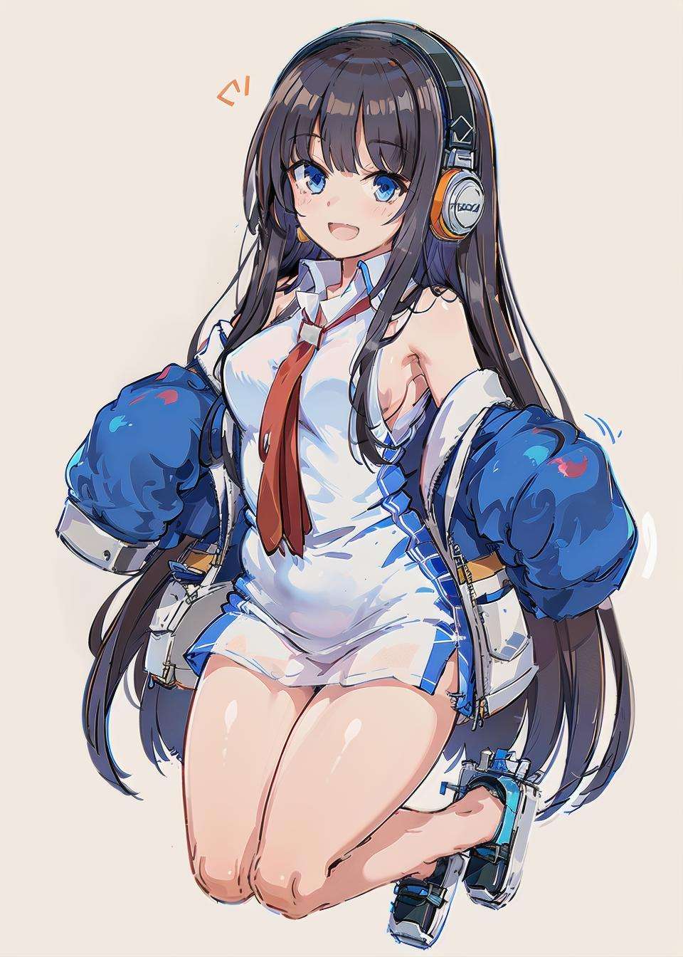 <lora:long_Island_v1.0:0.8>,long_island\(azur lane\),long_hair,blue_eyes,black hair, white_shirt,necktie,blue_jacket,headphones,sleeves_past_wrists, full body, from above, ;d, simple background,, masterpiece, best quality, extremely detailed face, sharp details, high contrast,