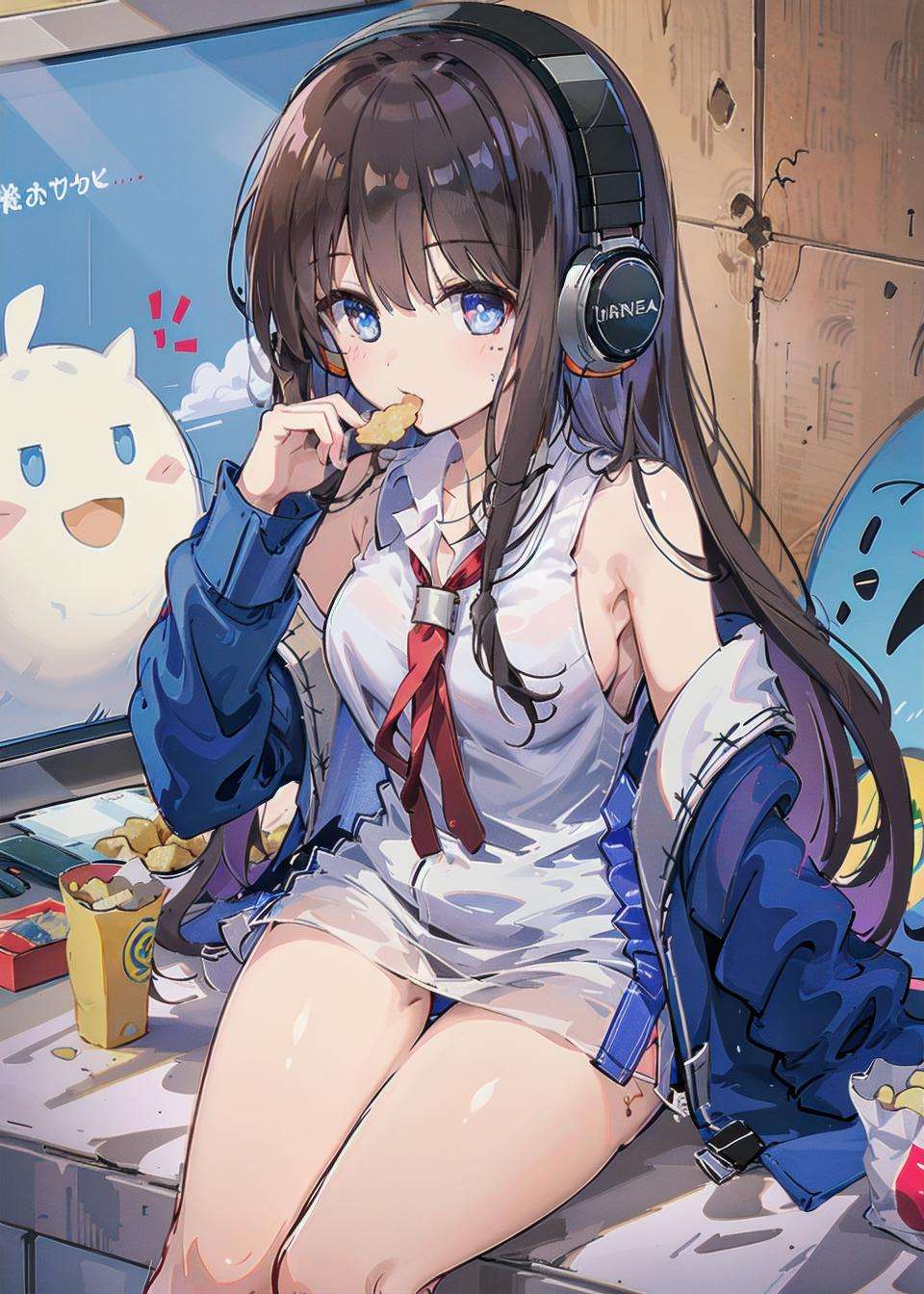 <lora:long_Island_v1.0:0.8>,long_island\(azur lane\),long_hair,blue_eyes,black hair, white_shirt,necktie,blue_jacket,headphones,butterfly sitting,potato_chips, mouth_hold, , from above, <lora:school_rooftop_v0.1:1> ,school rooftop,looking at viewer,, masterpiece, best quality, extremely detailed face, sharp details, high contrast,