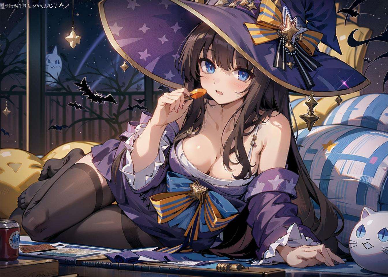 <lora:long_Island_v1.0:0.8>,long_island\(azur lane\),long_hair,blue_eyes,black hair,witch_hat, starry_sky, breasts, lying, halloween_costume, night_sky, cleavage, night, looking_at_viewer, on side, from above, masterpiece, best quality, extremely detailed face, sharp details, high contrast,