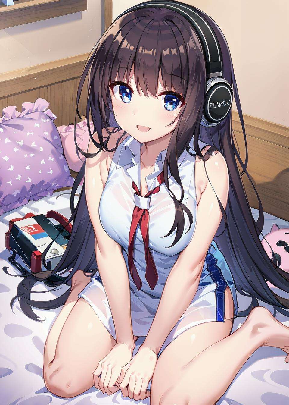 <lora:long_Island_v1.0:0.8>,long_island\(azur lane\),long_hair,blue_eyes,black hair, white_shirt,necktie,headphones,  from above, on bed,wariza, smile, barefoot,, masterpiece, best quality, extremely detailed face, sharp details, high contrast,