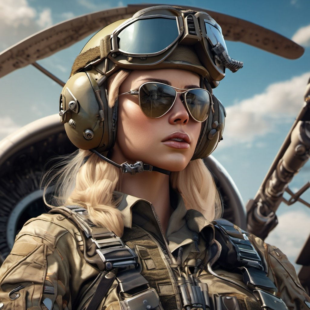 Closeup Young blond army pilot in lingerie,  weapons, helmet, aircraft, combat, sunglasses, trending on artstation, sharp focus, studio photo, intricate details, highly detailed, by greg rutkowski