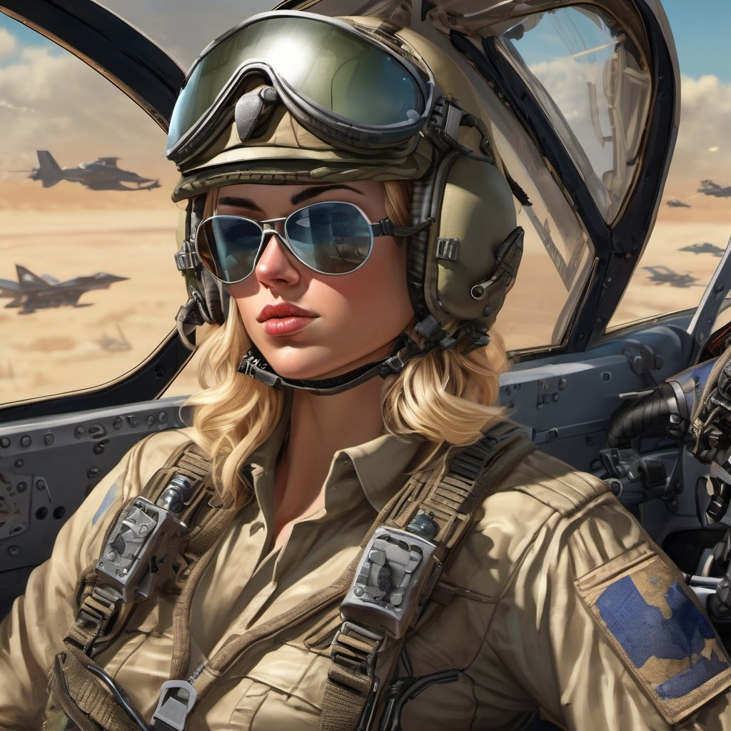 Closeup Young blond army pilot in lingerie,  weapons, helmet, aircraft, combat, sunglasses, trending on artstation, sharp focus, studio photo, intricate details, highly detailed, by greg rutkowski