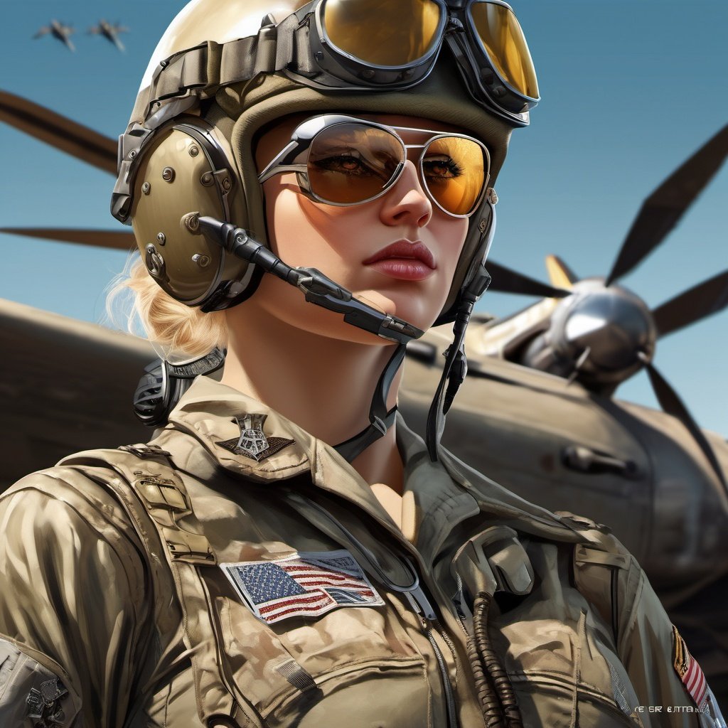 Closeup Young blond army pilot in lingerie,  weapons, helmet, aircraft, combat, sunglasses, trending on artstation, sharp focus, studio photo, intricate details, highly detailed, by greg rutkowski