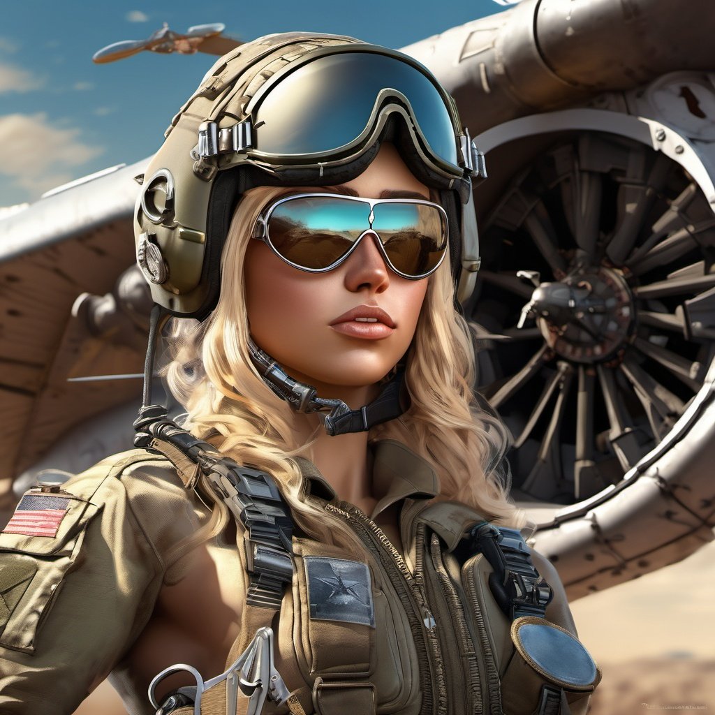 Closeup Young blond army pilot in lingerie,  weapons, helmet, aircraft, combat, sunglasses, trending on artstation, sharp focus, studio photo, intricate details, highly detailed, by greg rutkowski
